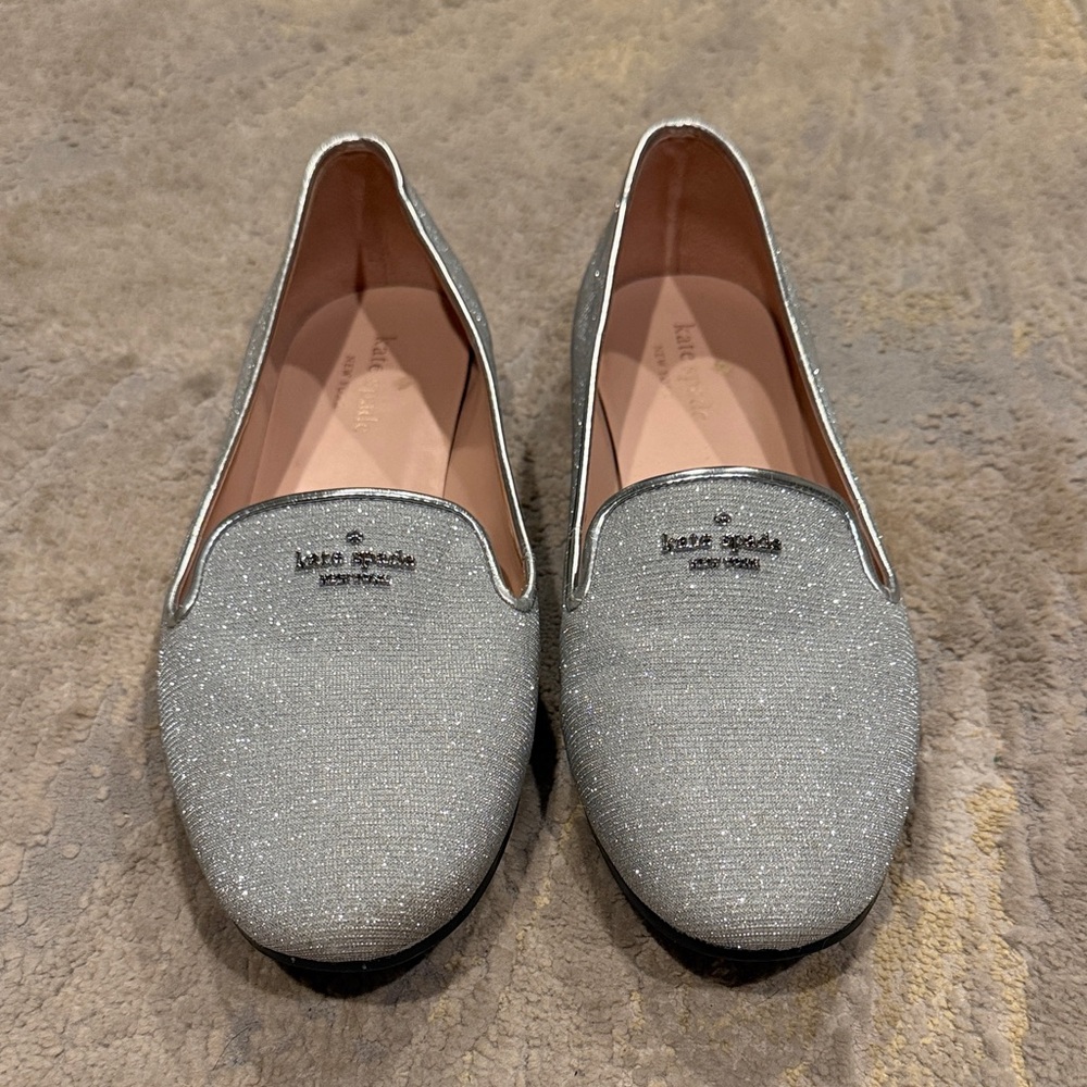 Kate Spade Claudia Silver Glitter Flats Womens 11 B Sparkle Slip On Low Heel GUC
